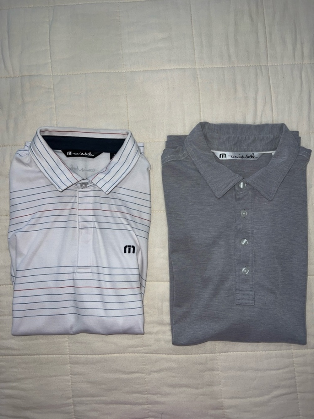 Travis Mathew Men's Grey Polo & White Striped Polo Duo